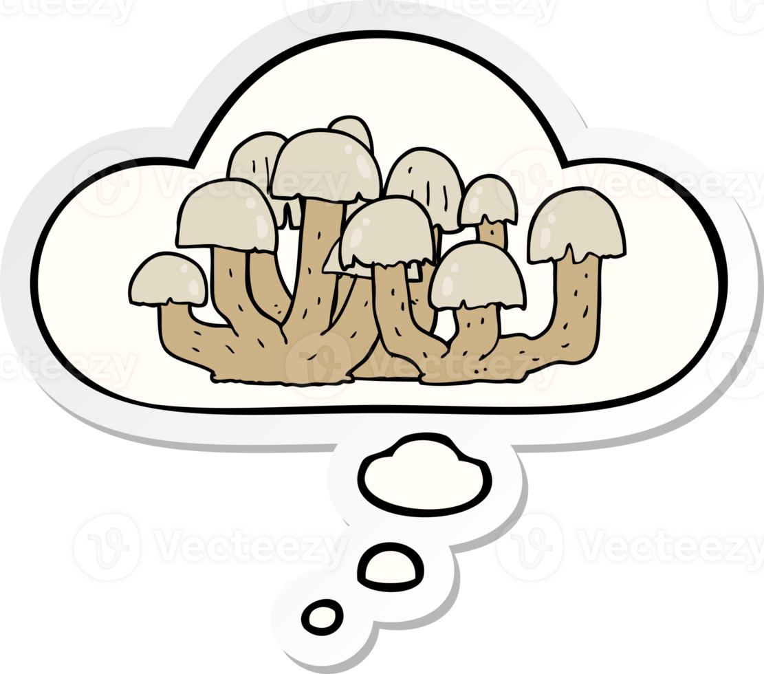 cartoon mushroom with thought bubble as a printed sticker png