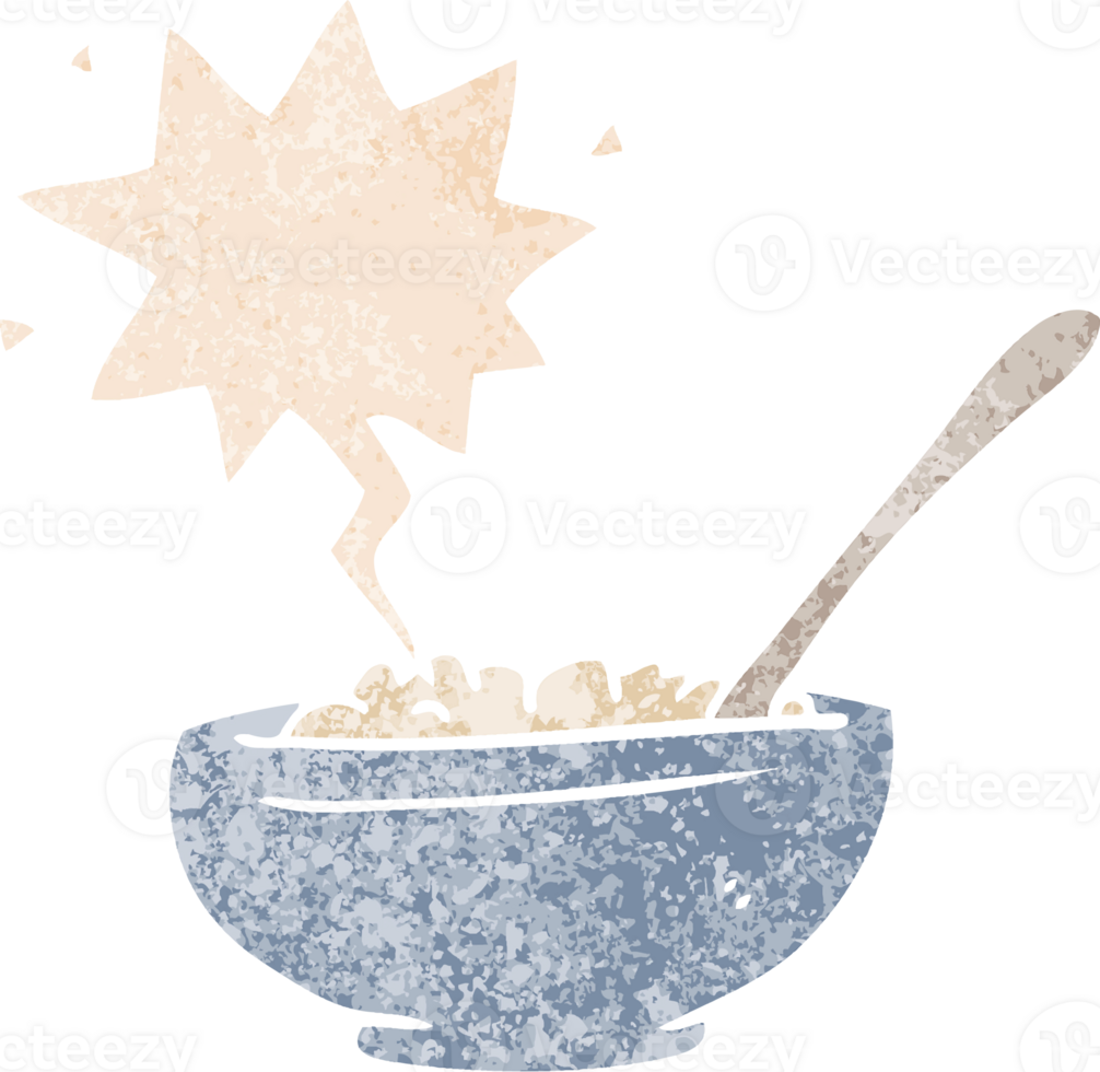cartoon bowl of rice with speech bubble in grunge distressed retro textured style png