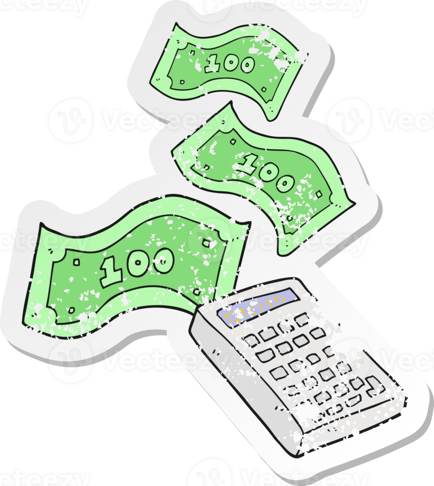 retro distressed sticker of a cartoon calculator counting money png