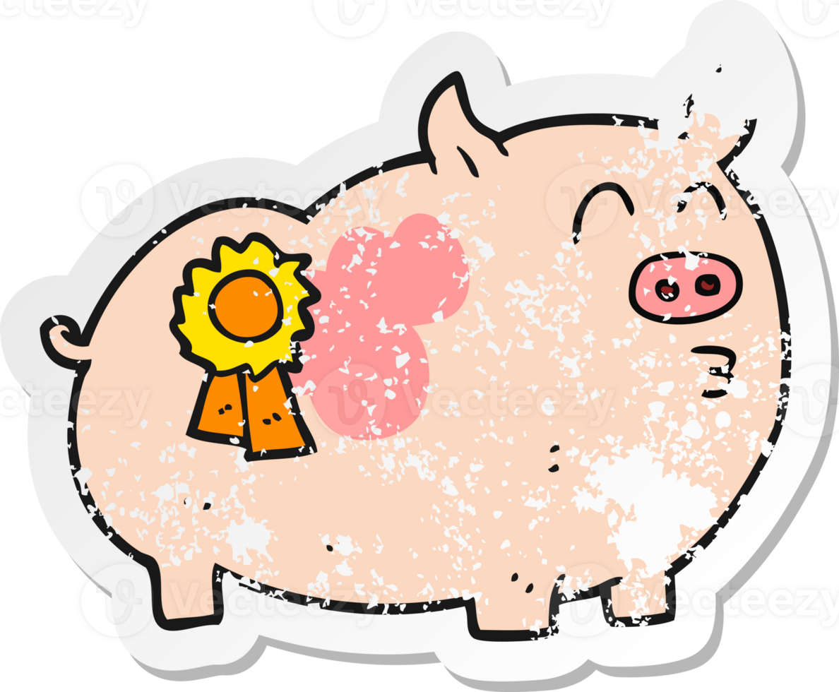 retro distressed sticker of a cartoon prize winning pig png