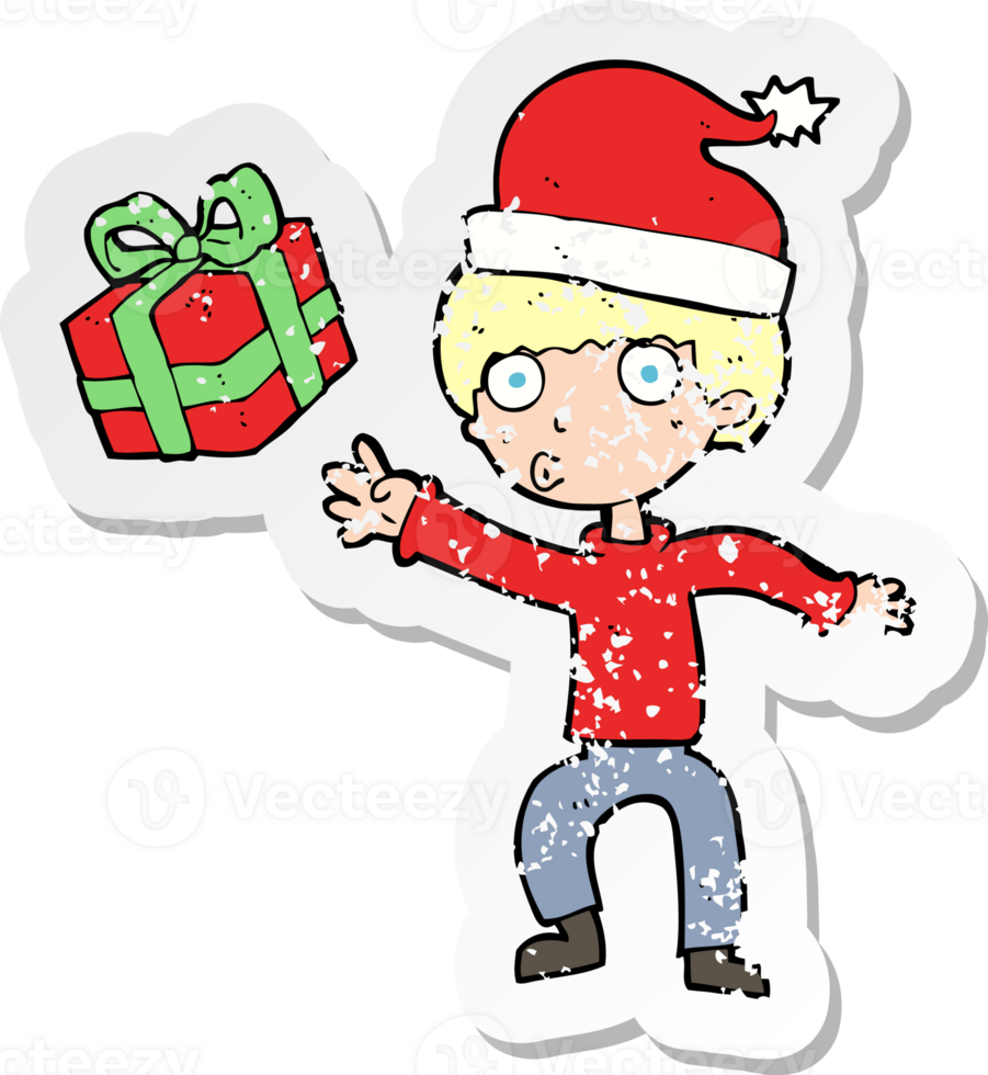 retro distressed sticker of a cartoon boy with present png