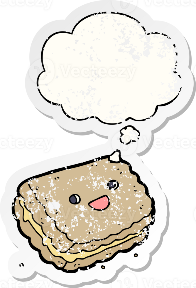 cartoon biscuit with thought bubble as a distressed worn sticker png