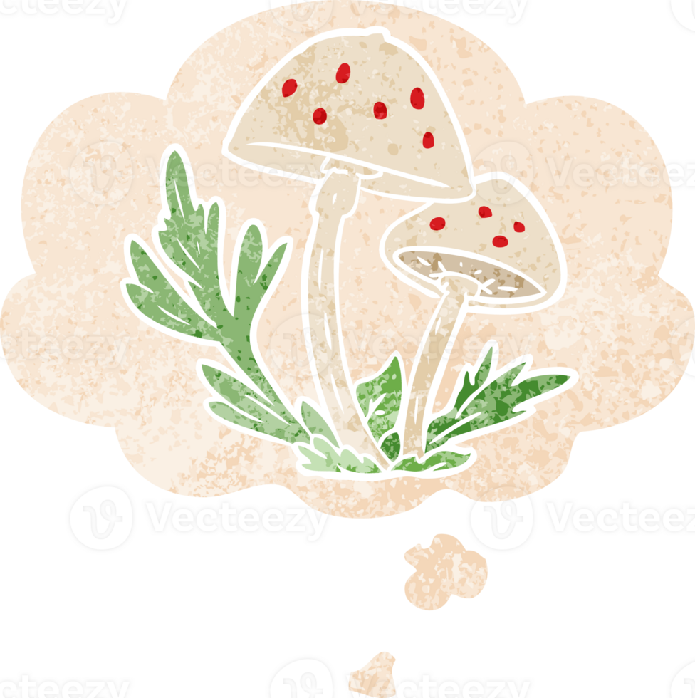 cartoon mushrooms with thought bubble in grunge distressed retro textured style png