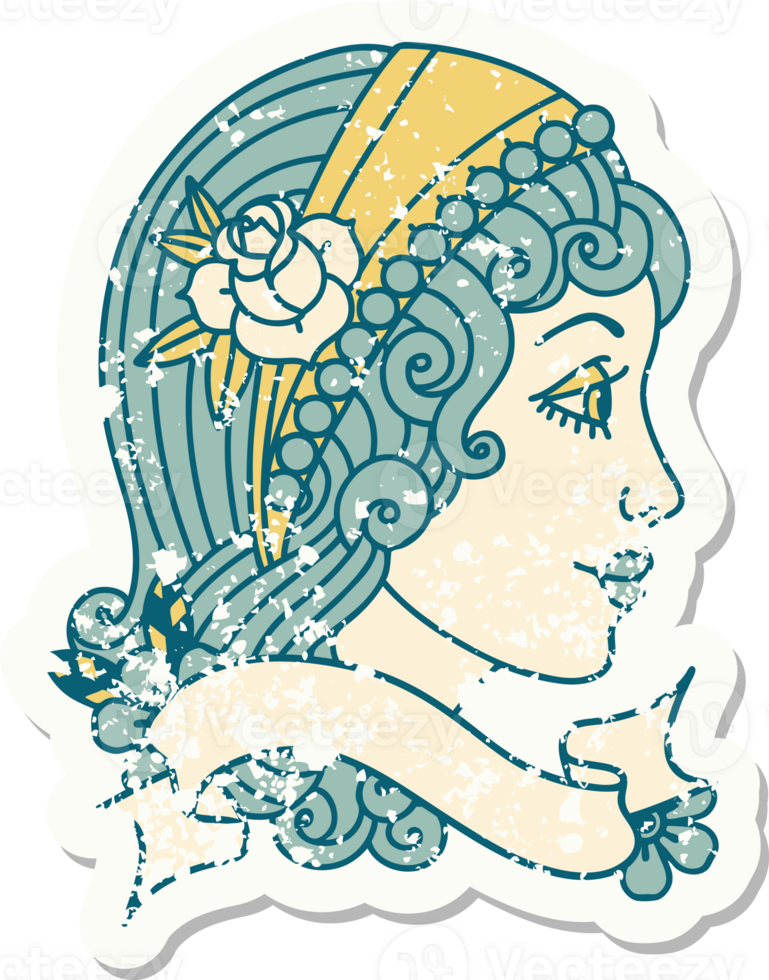 worn old sticker with banner of a gypsy head png