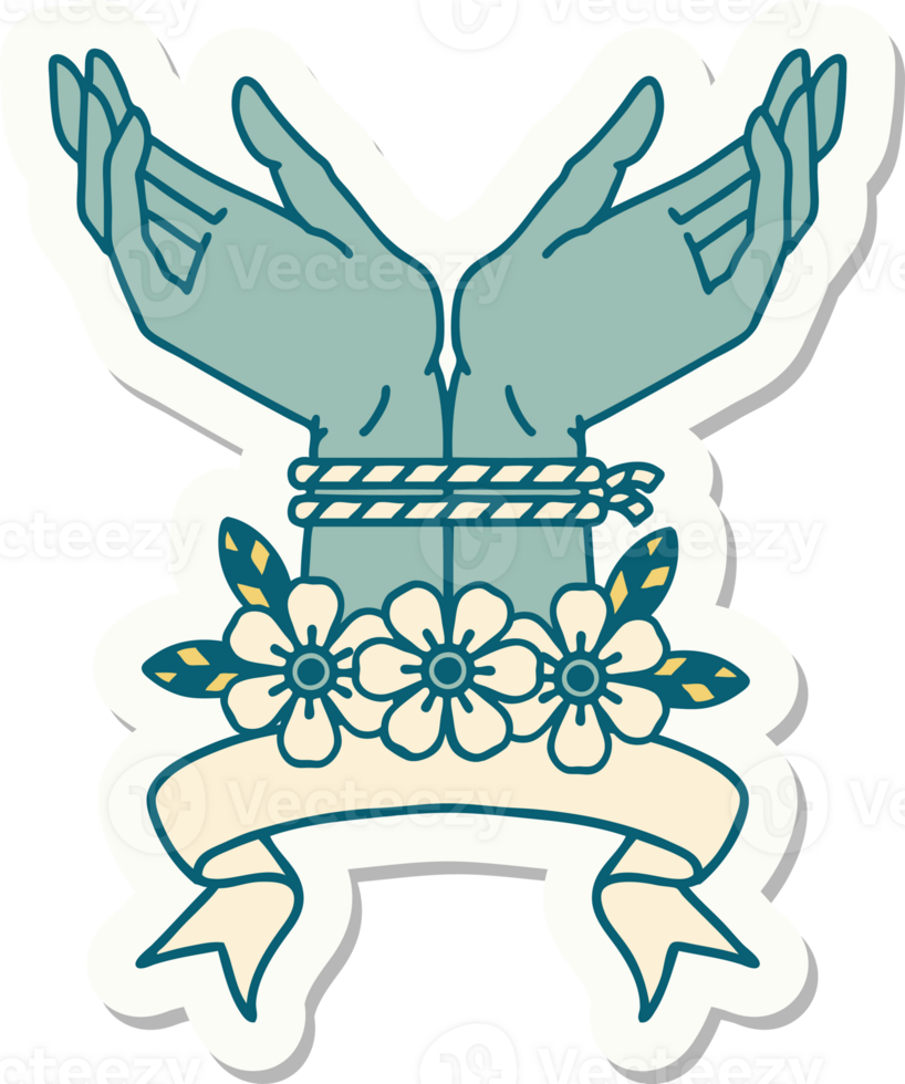 tattoo style sticker with banner of hands tied png