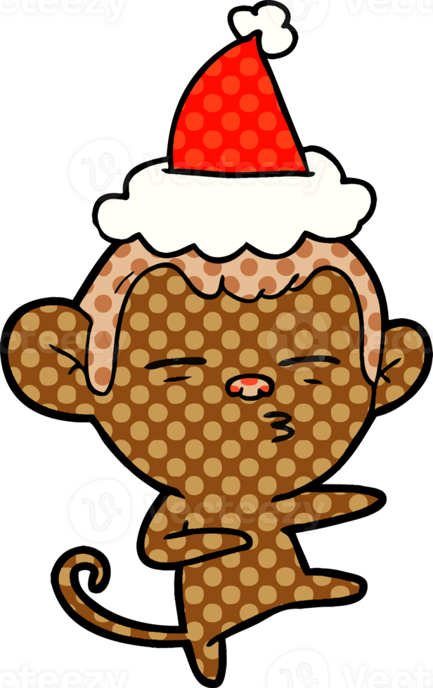 hand drawn comic book style illustration of a suspicious monkey wearing santa hat png