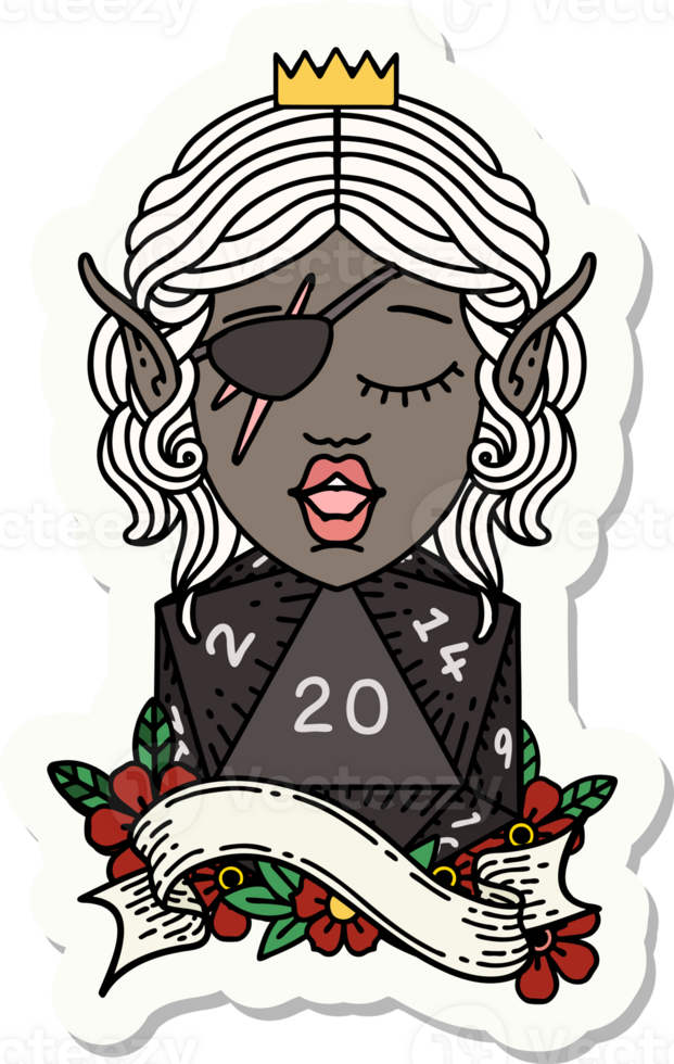sticker of a elf rogue with natural twenty dice roll png