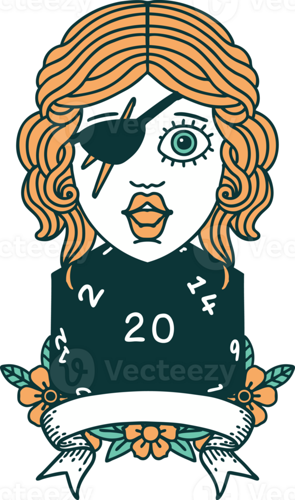 Retro Tattoo Style human rogue with natural 20 dice roll png
