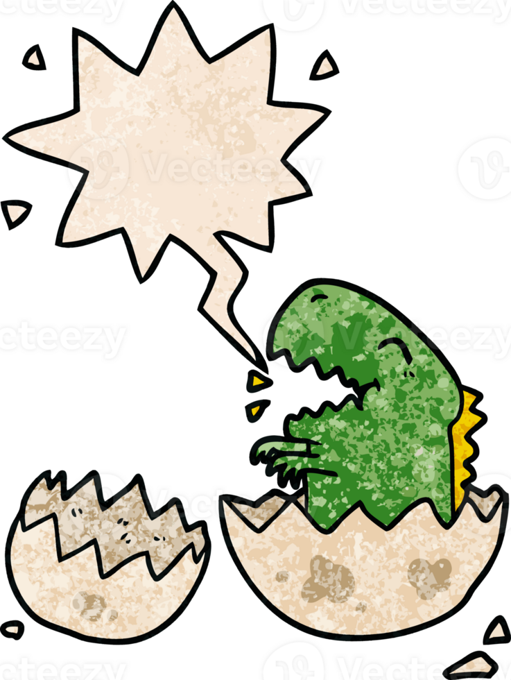 cartoon dinosaur hatching from egg with speech bubble in retro texture style png
