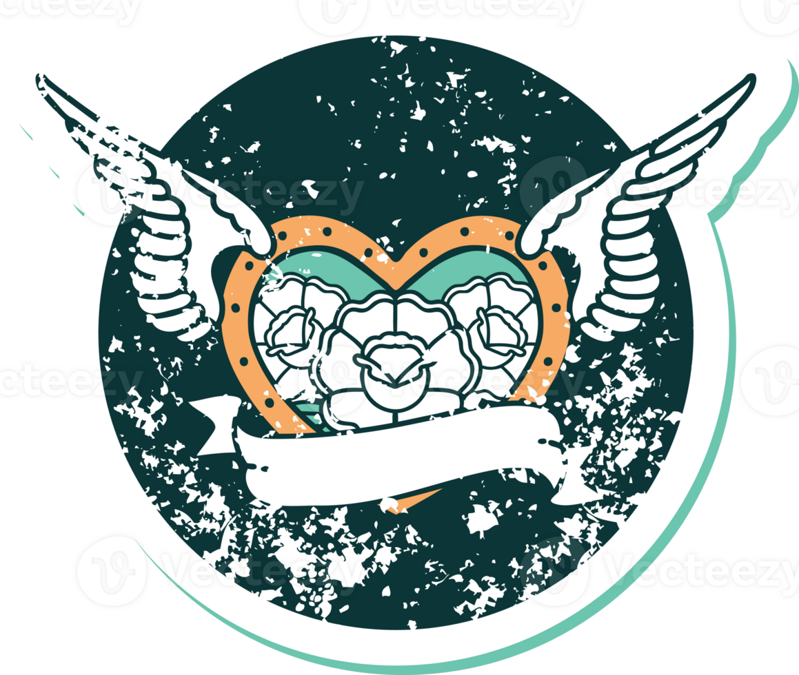 iconic distressed sticker tattoo style image of a flying heart with flowers and banner png