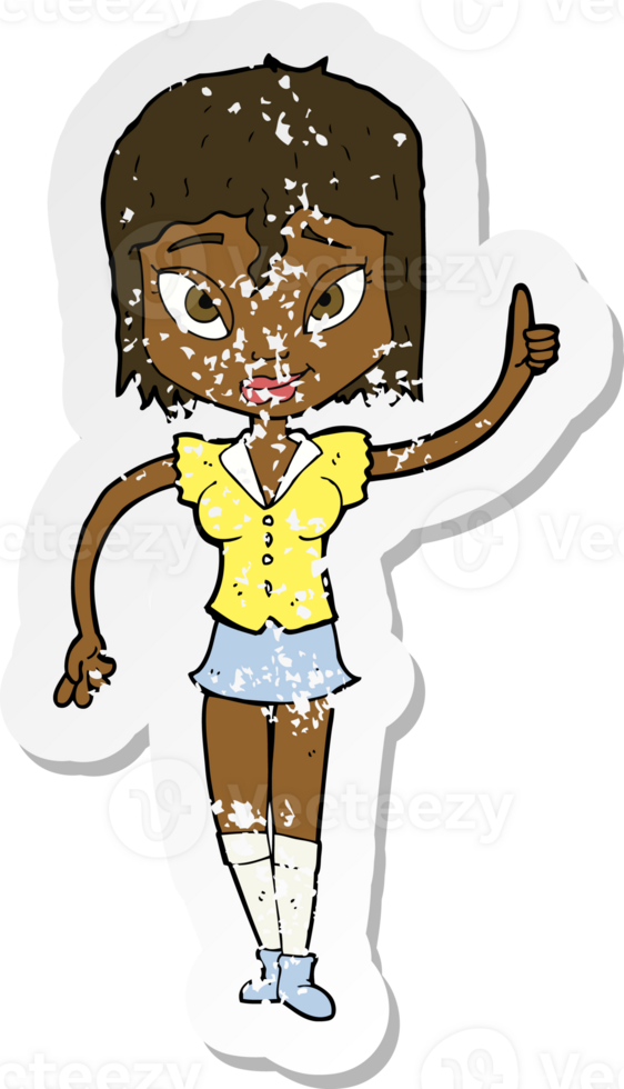 retro distressed sticker of a cartoon woman making point png