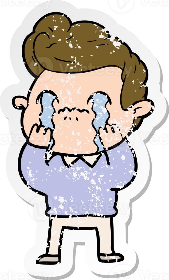 distressed sticker of a cartoon man crying png