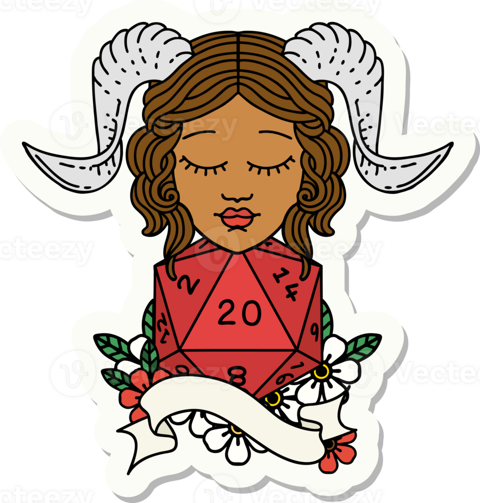 sticker of a tiefling with natural twenty dice roll png