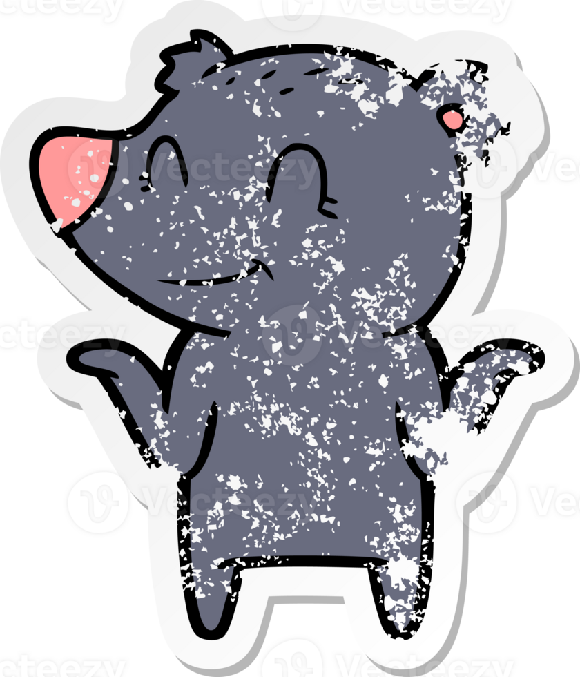 distressed sticker of a smiling bear shrugging shoulders png