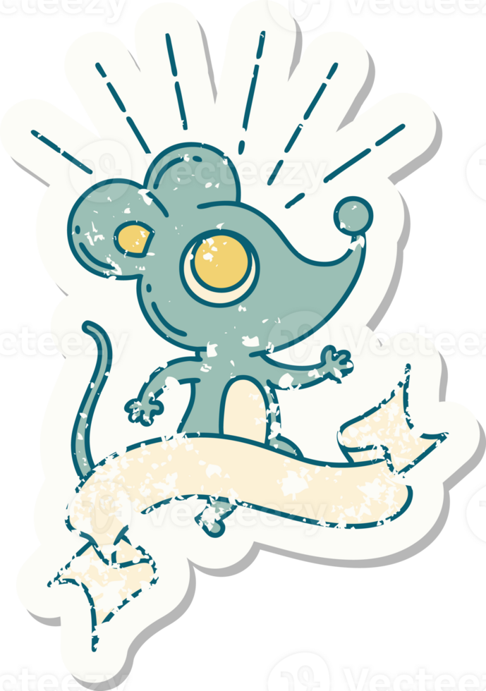 worn old sticker of a tattoo style mouse character png