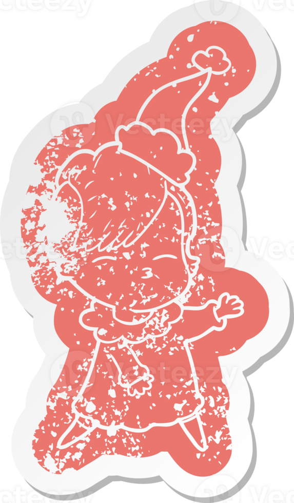 quirky cartoon distressed sticker of a squinting girl wearing santa hat png