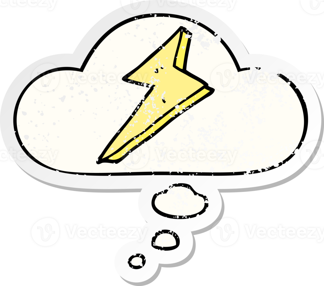 cartoon lightning with thought bubble as a distressed worn sticker png
