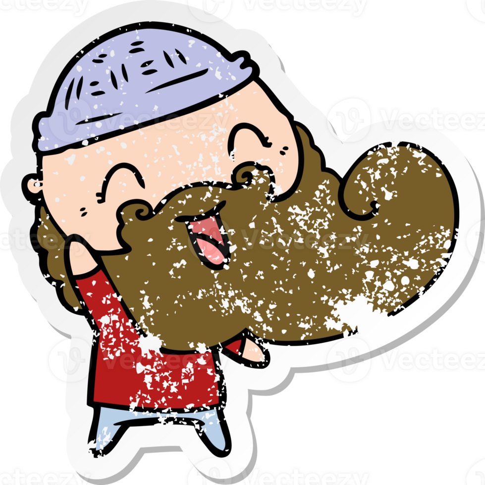 distressed sticker of a happy man with beard and winter hat png