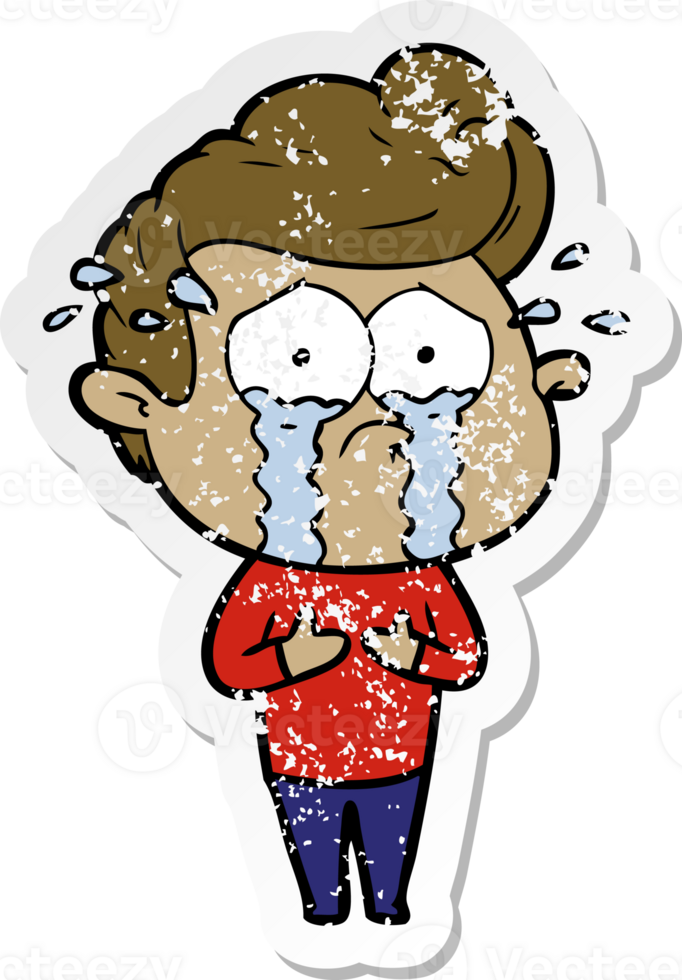 distressed sticker of a cartoon crying man png