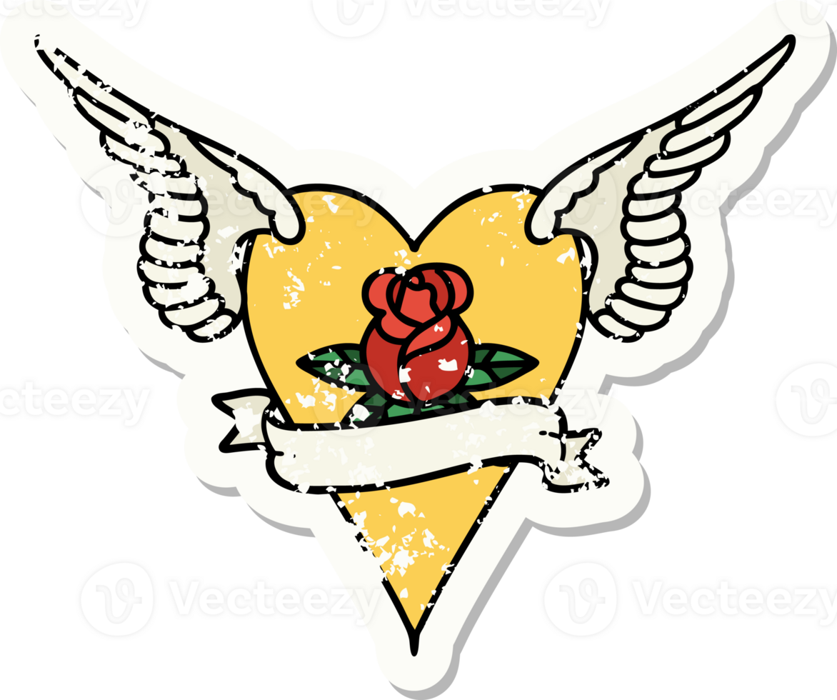 distressed sticker tattoo in traditional style of a flying heart with flowers and banner png
