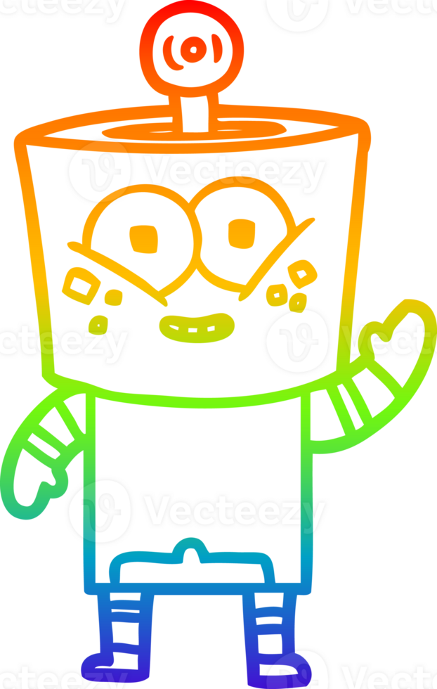rainbow gradient line drawing of a happy cartoon robot waving hello png