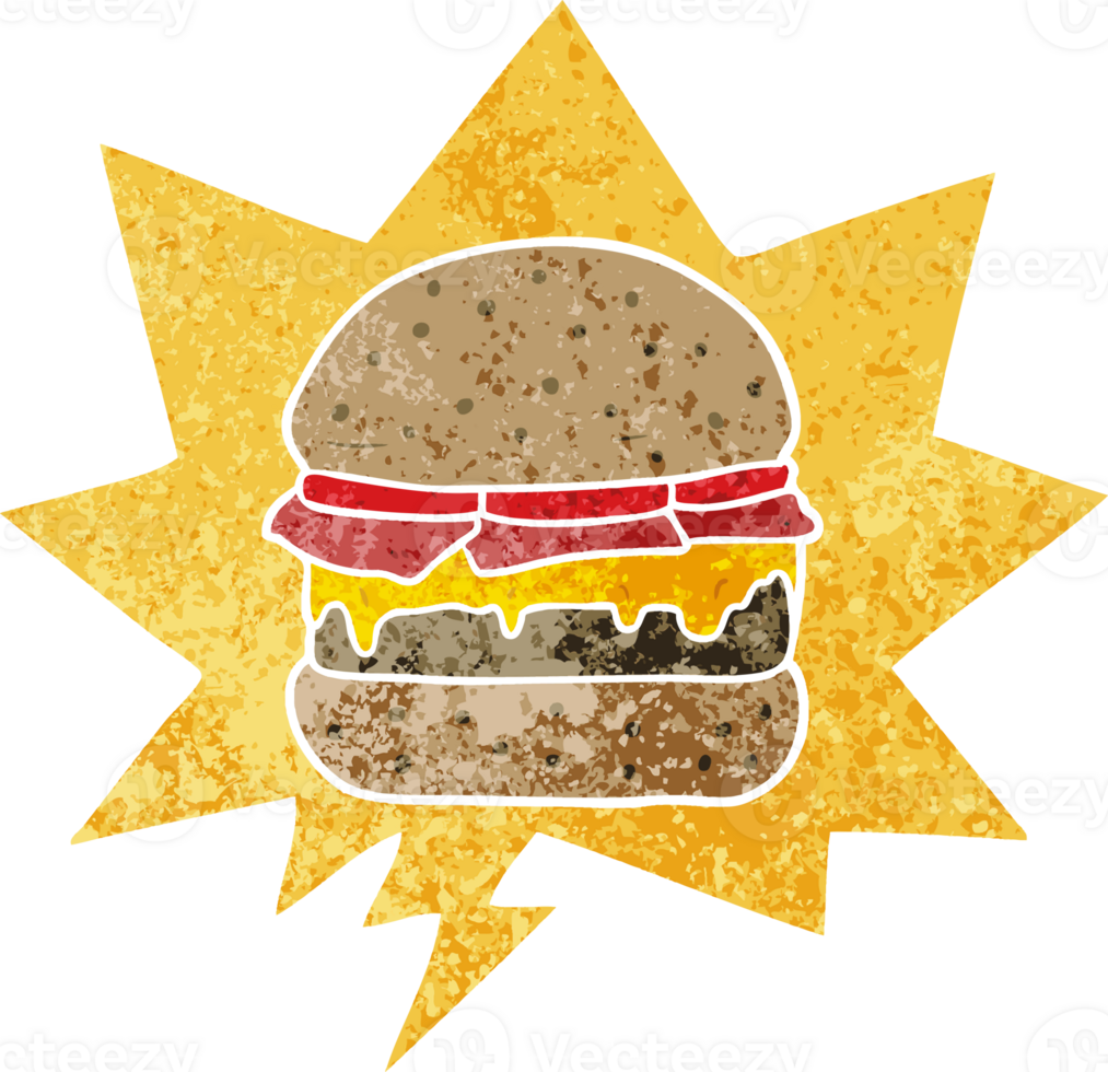 cartoon burger with speech bubble in grunge distressed retro textured style png