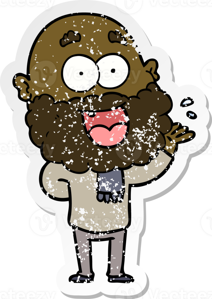 distressed sticker of a cartoon crazy happy man with beard amazed png