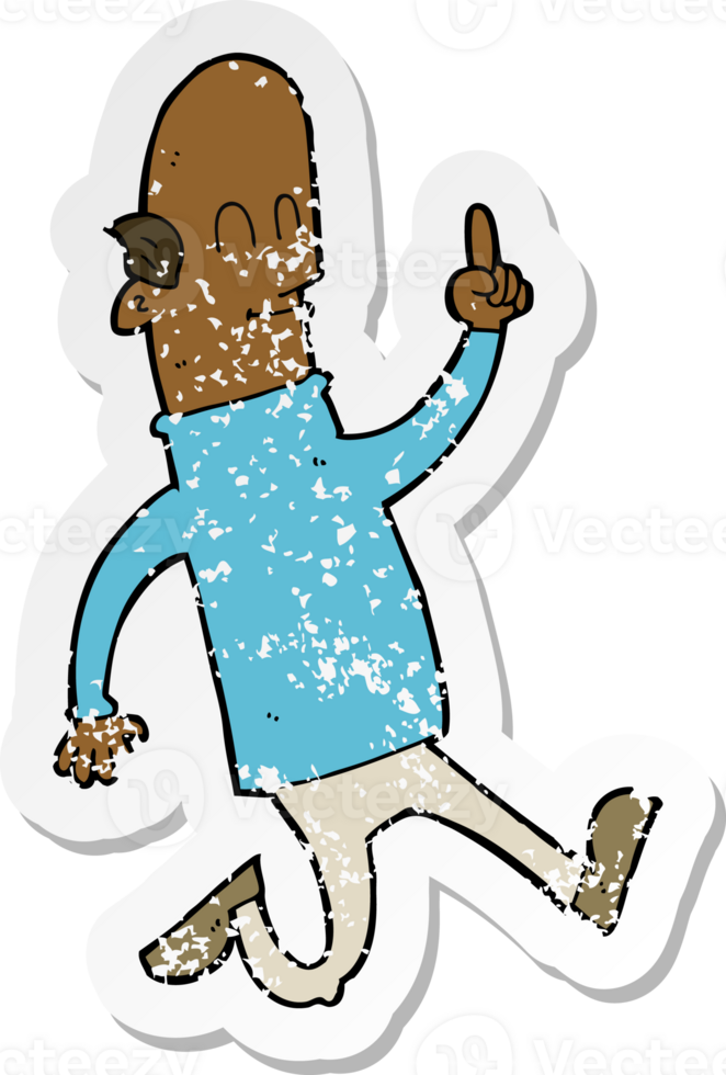retro distressed sticker of a cartoon bald man with idea png