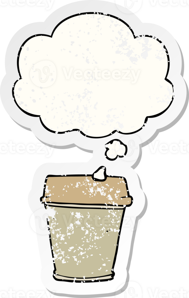 cartoon take out coffee with thought bubble as a distressed worn sticker png