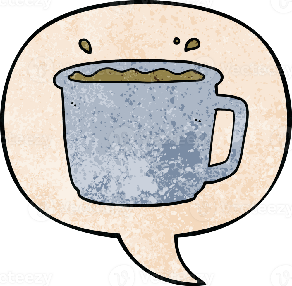 cartoon coffee cup with speech bubble in retro texture style png