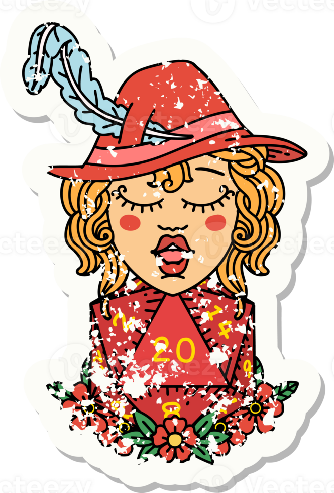 grunge sticker of a human bard with natural 20 dice roll png