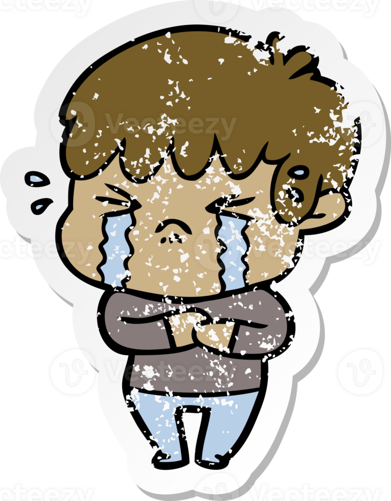 distressed sticker of a cartoon boy crying png