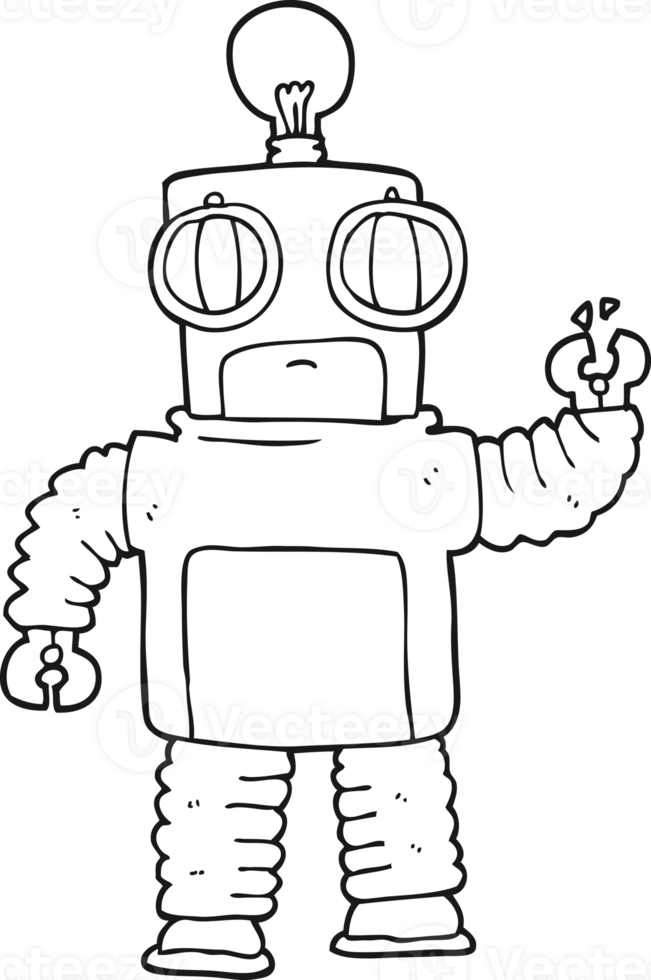 hand drawn black and white cartoon robot png