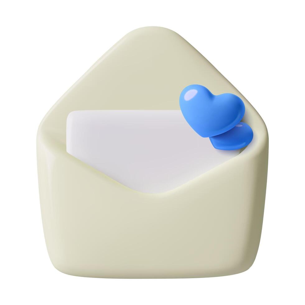 3d abierto sobre emoji con azul corazones y blanco papel sábana para saludo mensaje mínimo correo icono vector
