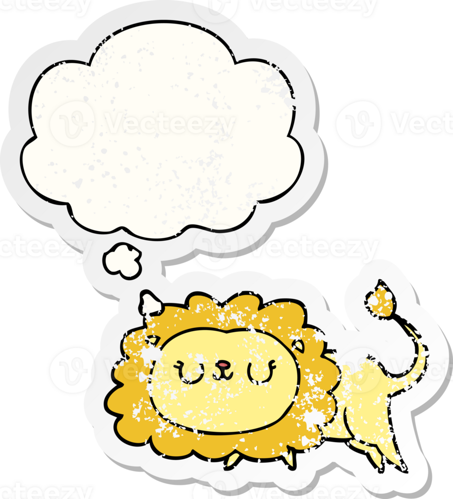 cartoon lion with thought bubble as a distressed worn sticker png