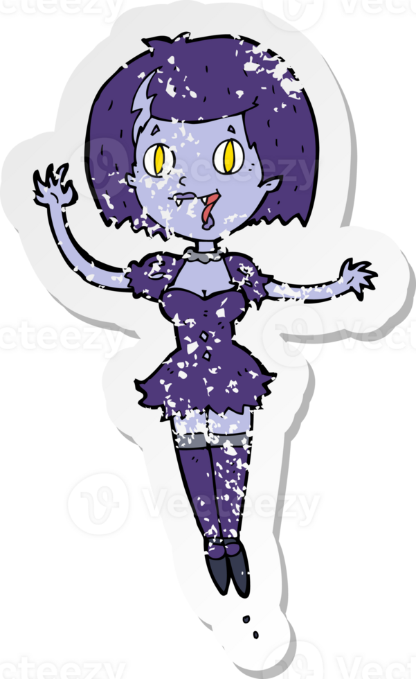retro distressed sticker of a cartoon happy vampire girl png