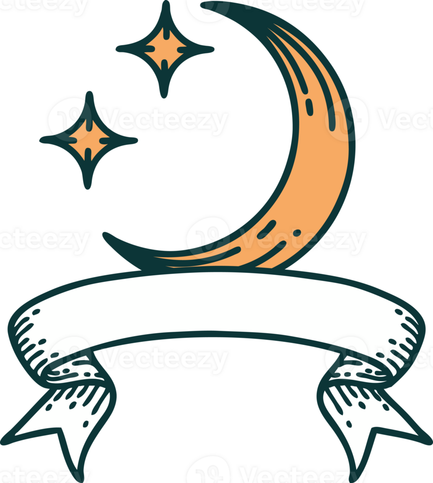 traditional tattoo with banner of a moon and stars png