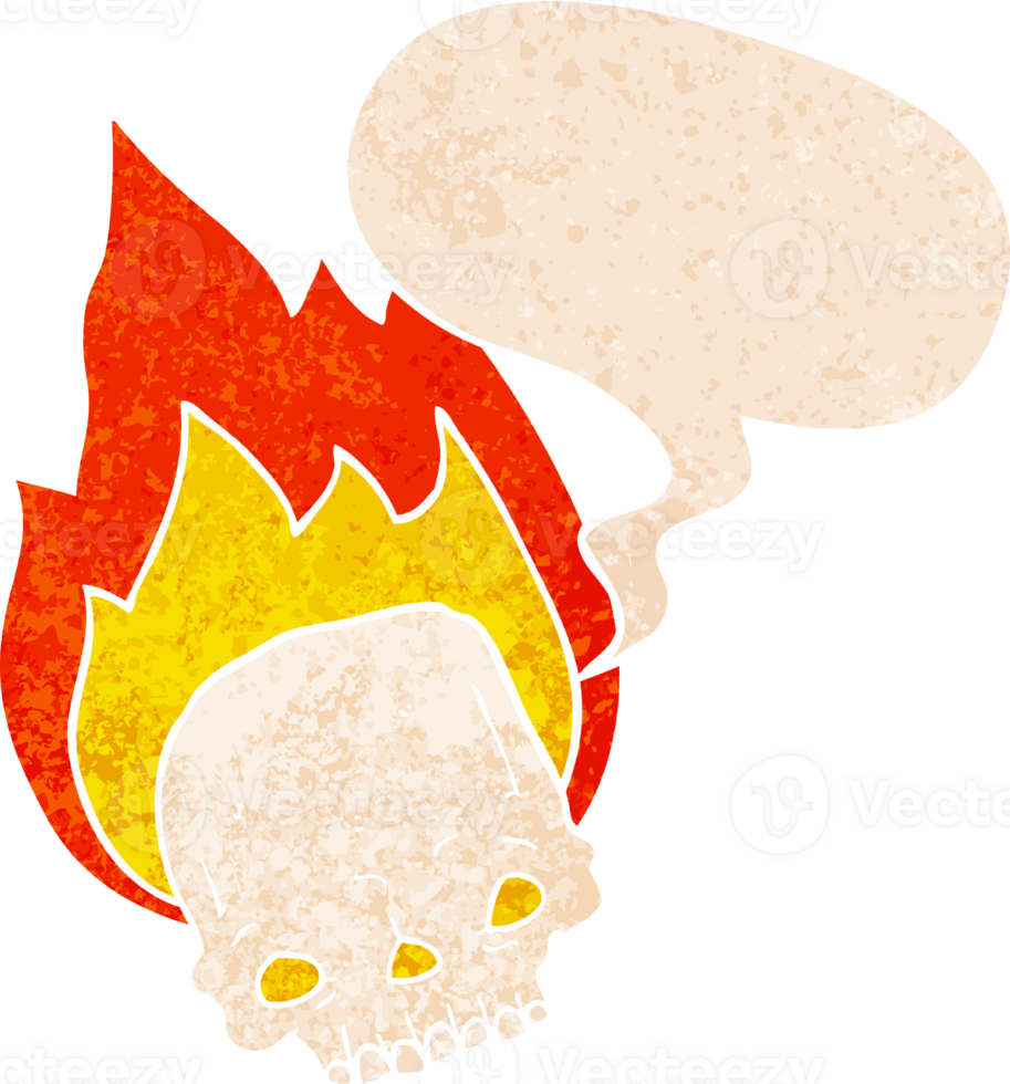 spooky cartoon flaming skull with speech bubble in grunge distressed retro textured style png