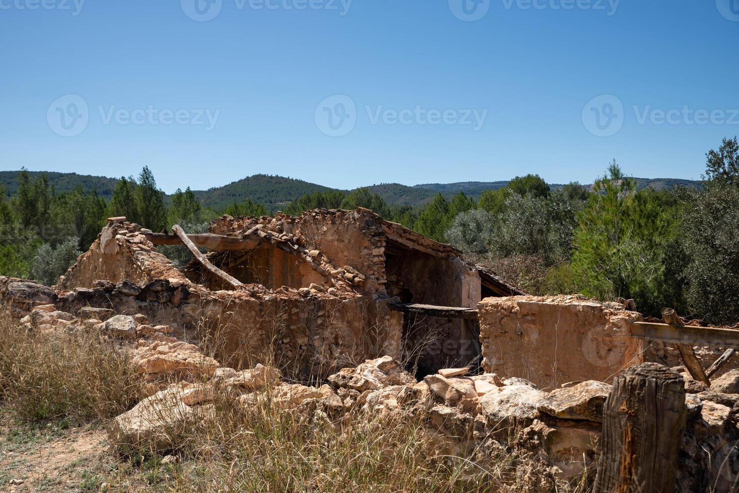 destroyed abandoned village hut with a sloping roof in a field photo