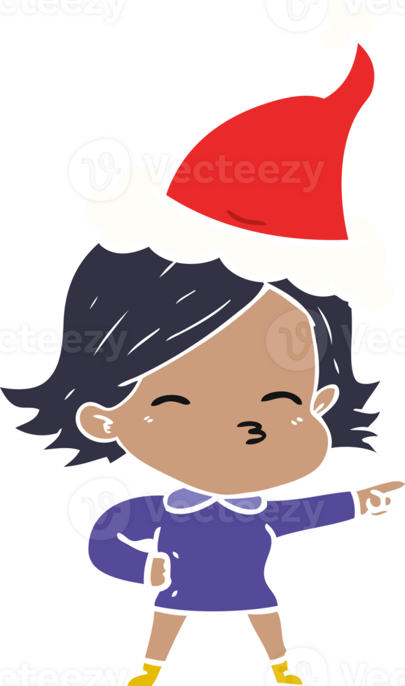 hand drawn flat color illustration of a woman pointing wearing santa hat png