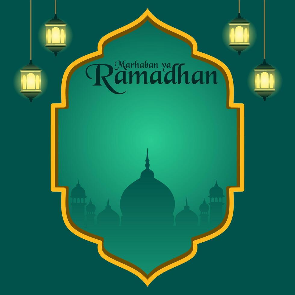 Marhaban ya Ramadhan greeting card design with Islamic frame decoration, lanterns and mosque silhouette in the middle vector