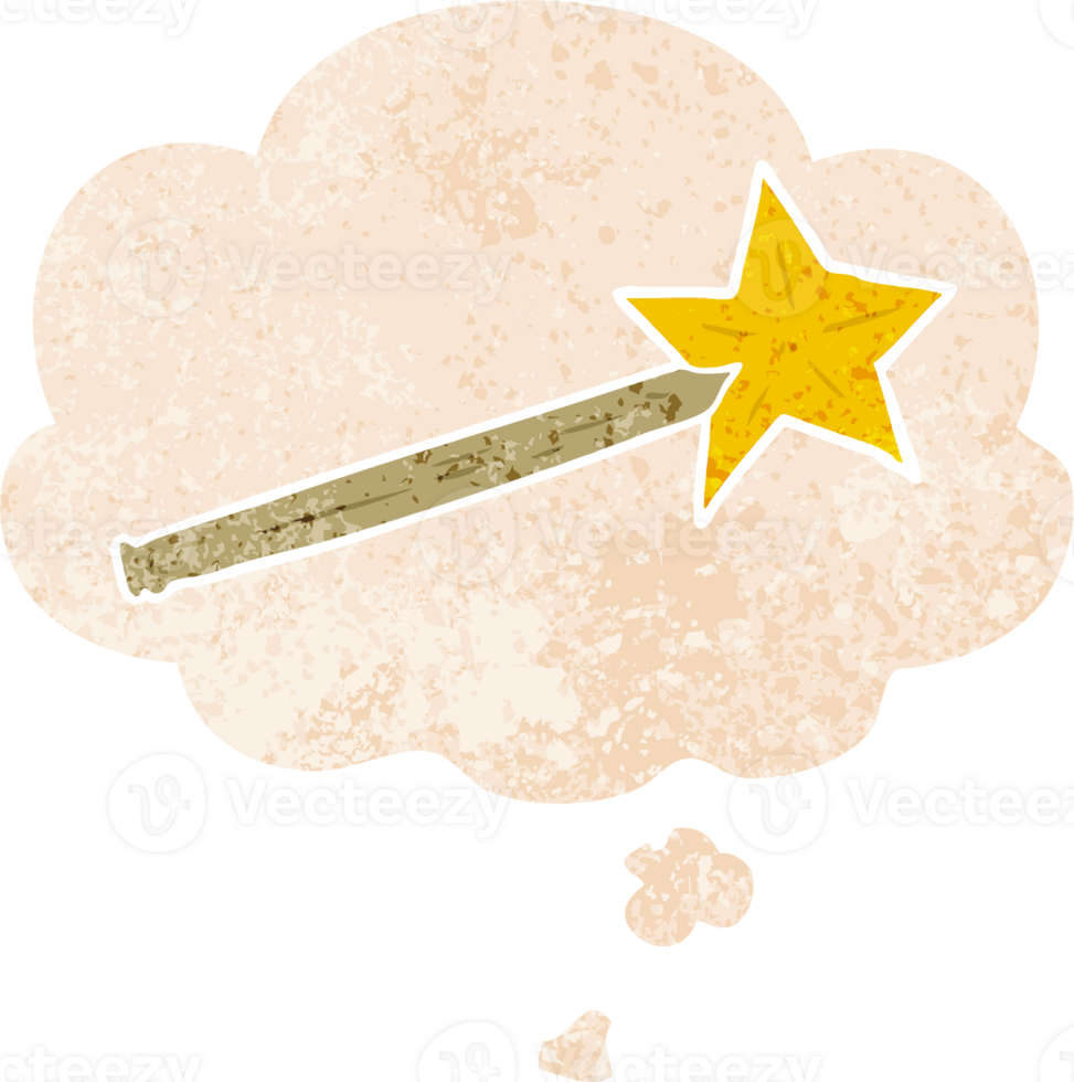 cartoon magic wand with thought bubble in grunge distressed retro textured style png