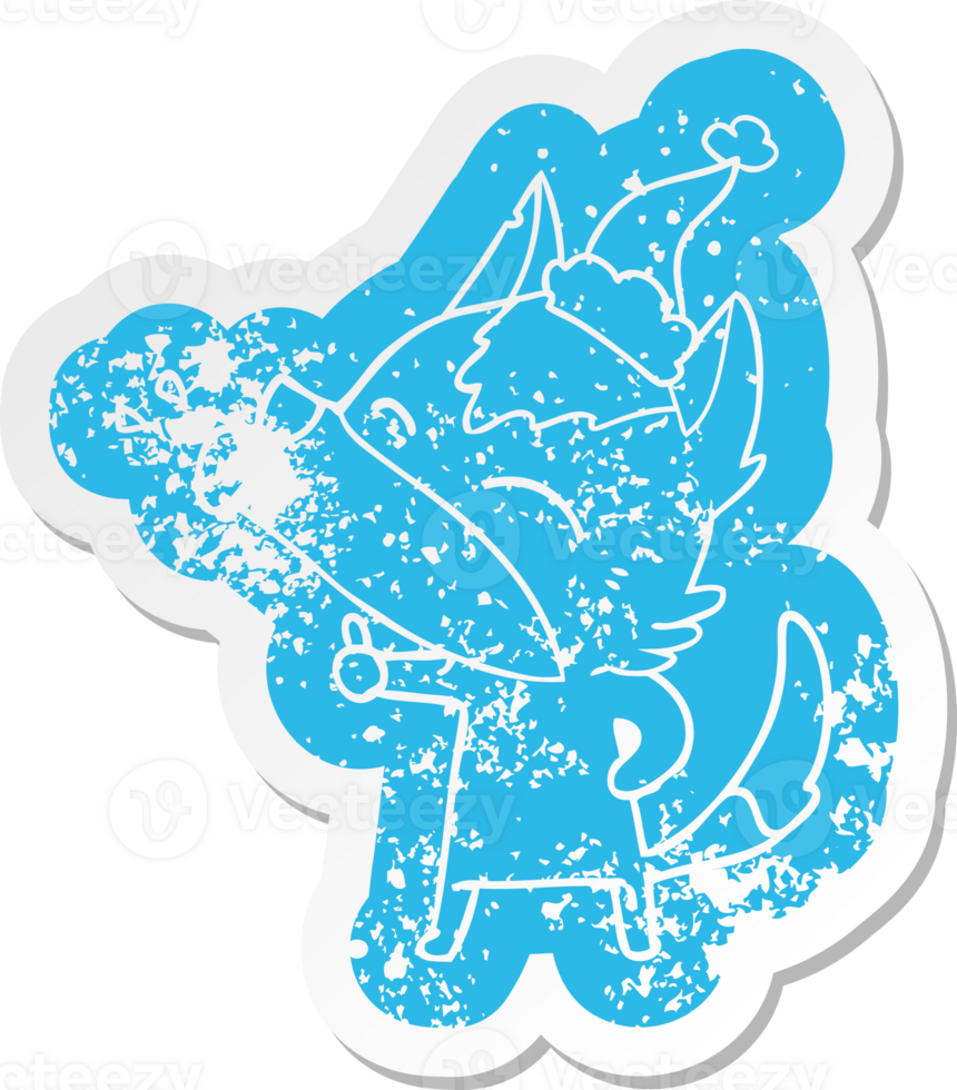 howling wolf quirky cartoon distressed sticker of a wearing santa hat png