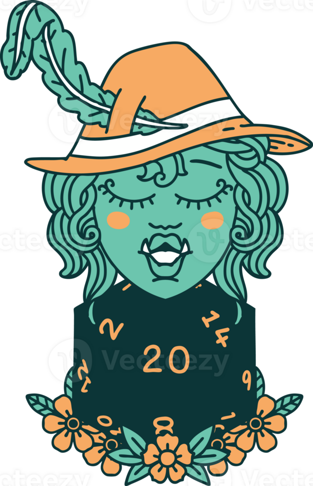 Retro Tattoo Style half orc bard with natural twenty dice roll png