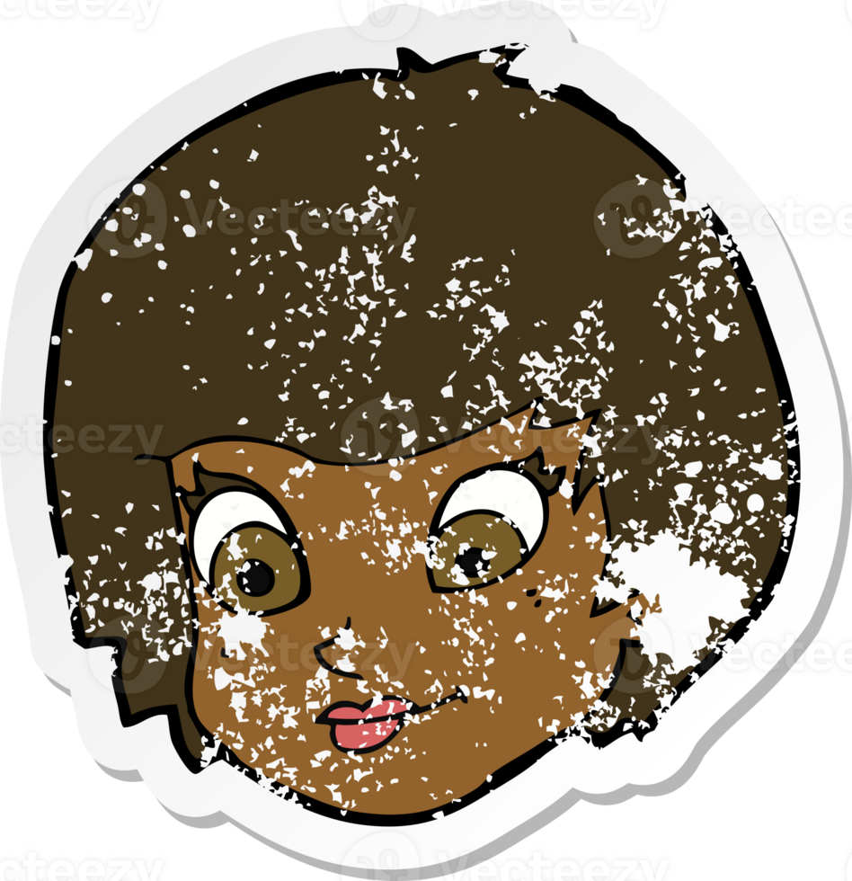 retro distressed sticker of a cartoon female face png