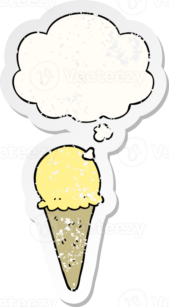cartoon ice cream with thought bubble as a distressed worn sticker png