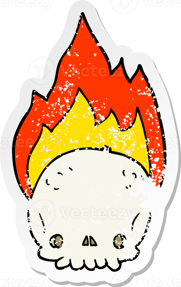 distressed sticker of a spooky cartoon flaming skull png