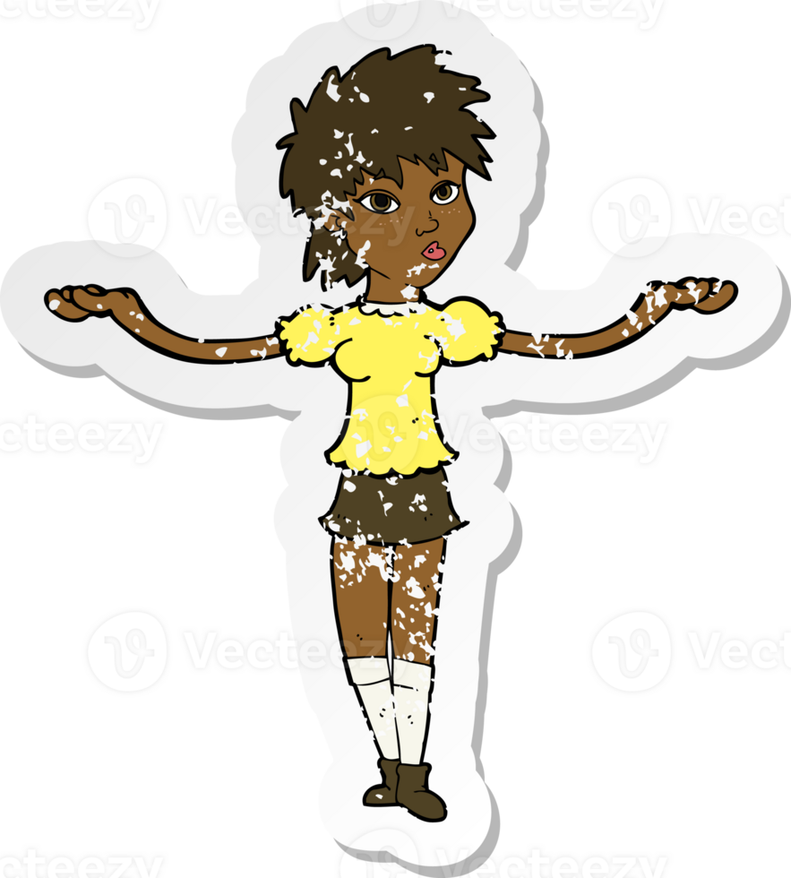 retro distressed sticker of a cartoon woman shrugging shoulders png