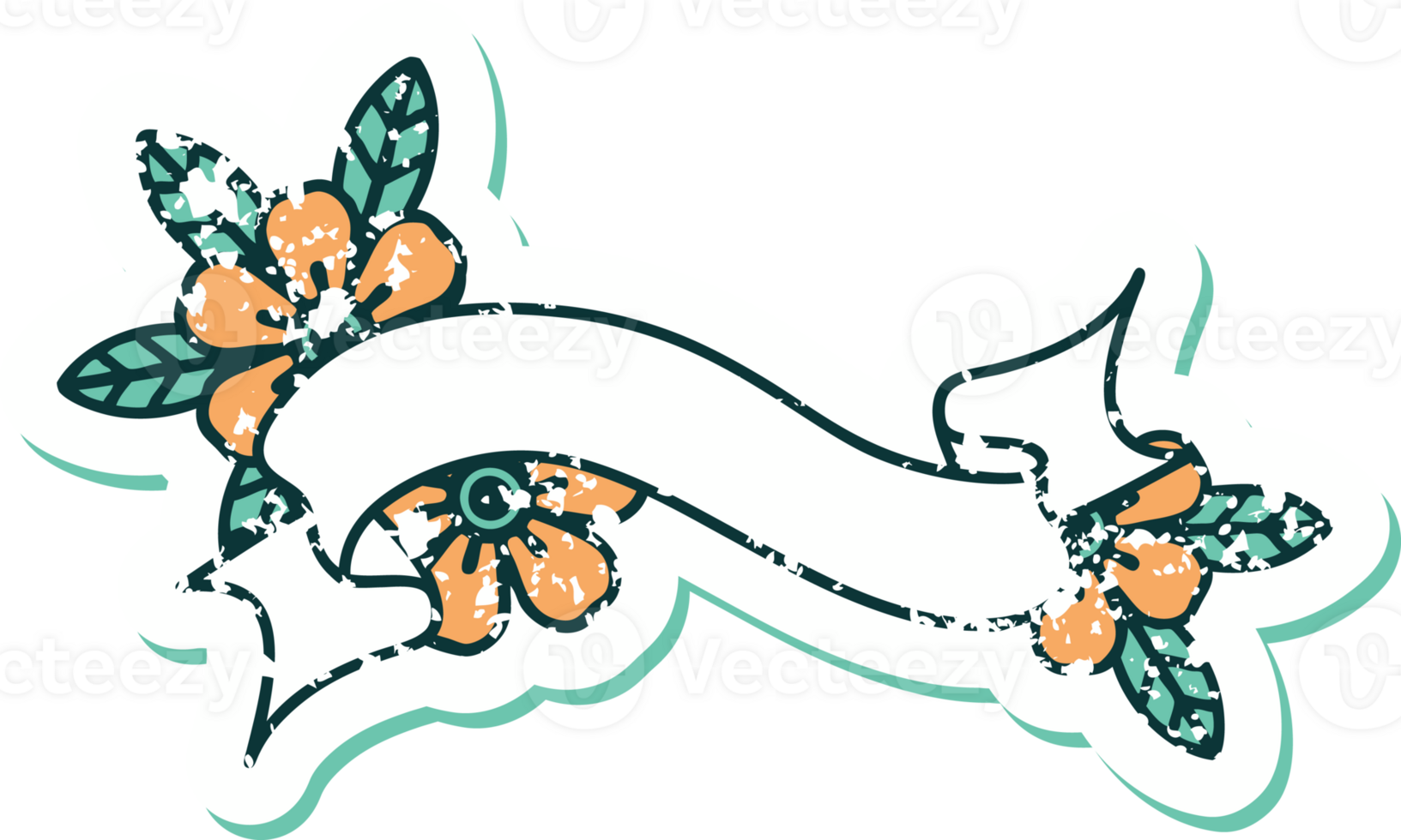 iconic distressed sticker tattoo style image of a banner and flowers png