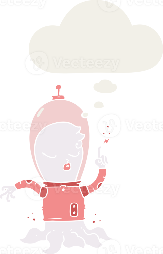 cute cartoon alien with thought bubble in retro style png